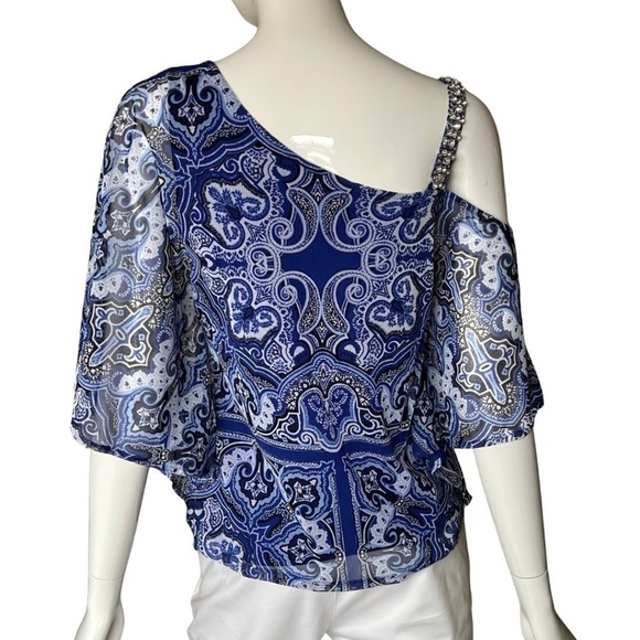 INC International Concepts Off Shoulder Blue Paisley Sheer Sleeve Top Size Med - Picture 2 of 6